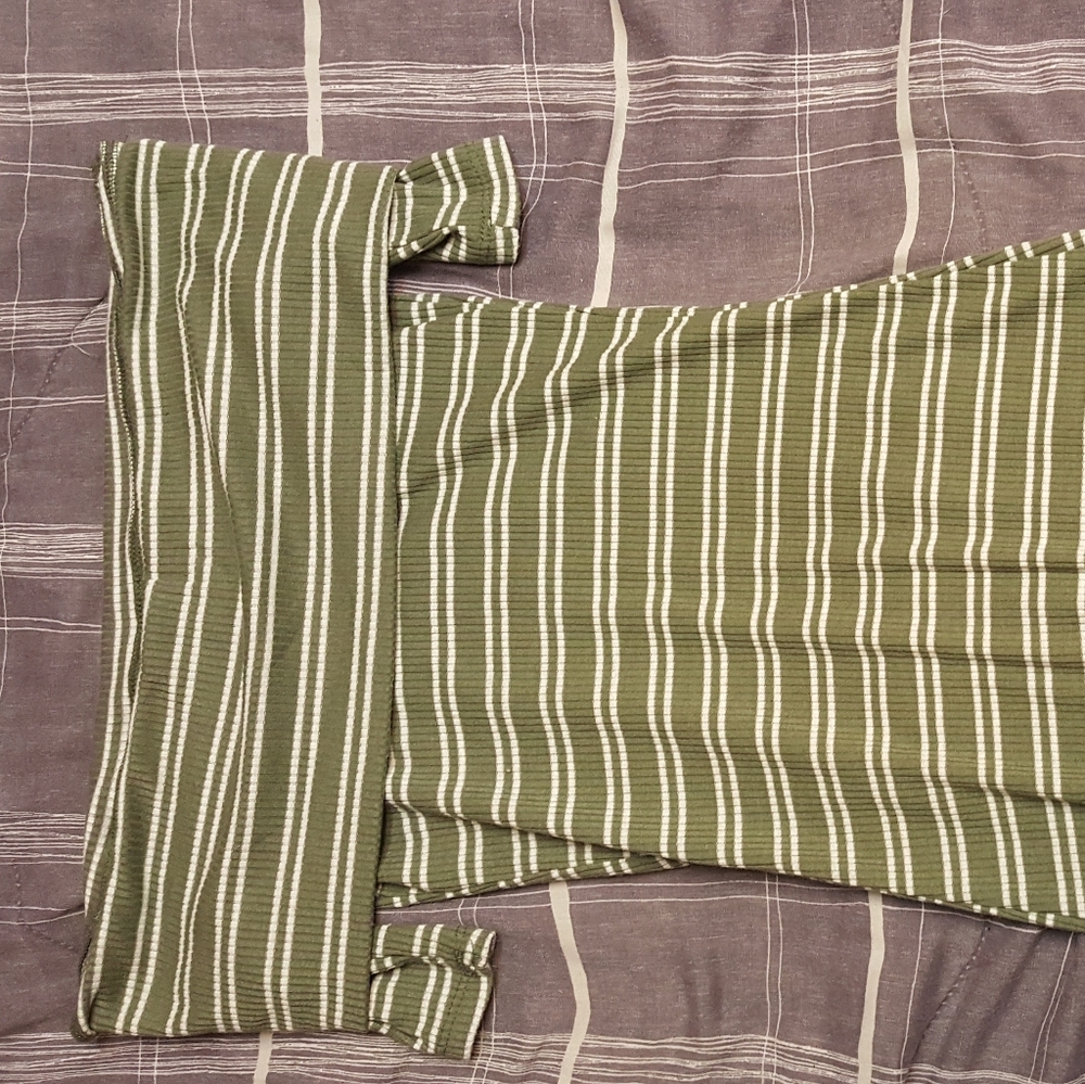 Off the shoulder green and white striped dress